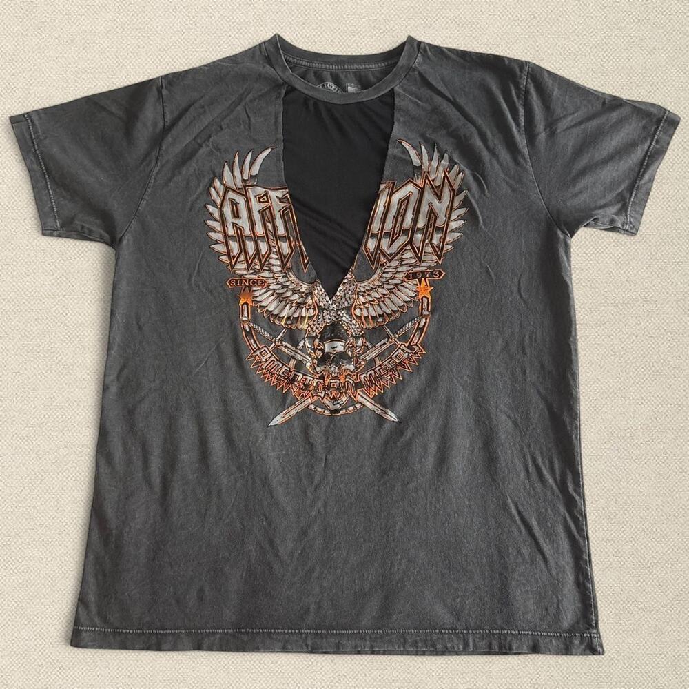 Affliction Grey Graphic Tee with Mesh Panel sz M Oversized Biker Punk